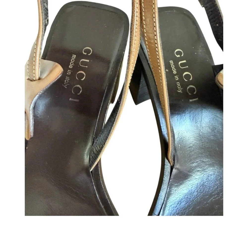 VTG.. 90s Tom Ford for Gucci Tan Leather Square Toe Block Heel Sandals 7-7.5 EUC